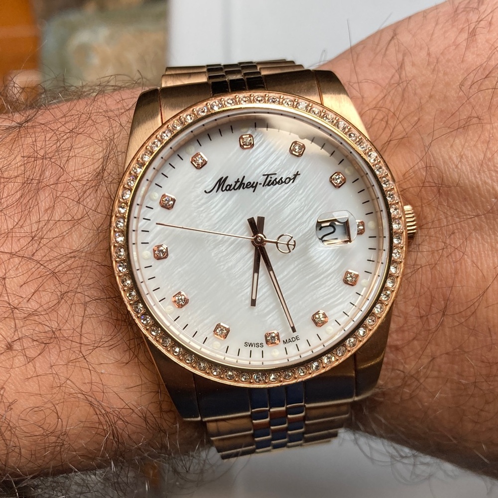 Mathey Tissot H709 rose gold tone, white textured dial, new battery, stainless
